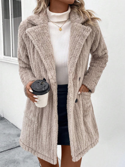 Fuzzy Button Up Long Sleeve Coat with Pockets