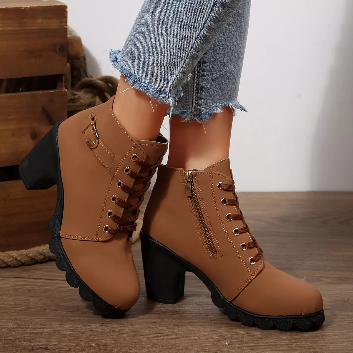 Lace Up Boots - Block High Heels - Fashions Envy