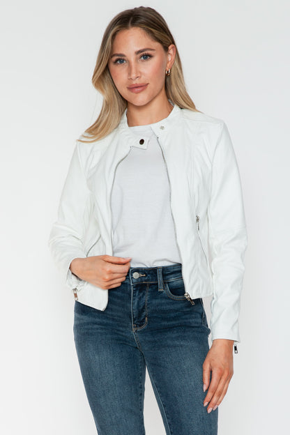 White PU Leather Zip Up Jacket with Pockets