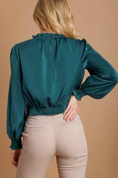 Deep Teal Frill Tied Hem Long Sleeve Blouse