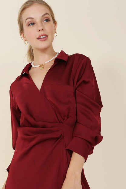 Satin Collared Long Sleeve Wrap Mini Dress