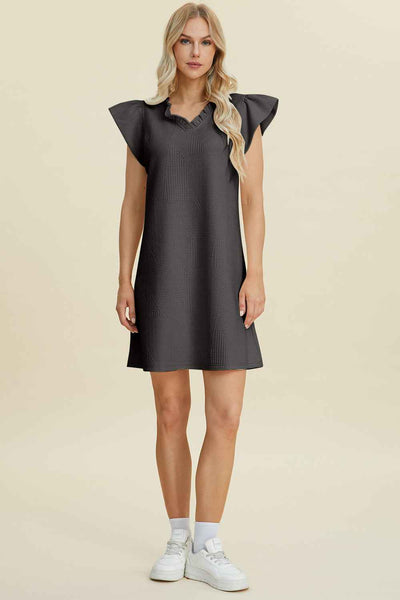 Double Take Full Size Ruffled V-Neck Cap Sleeve Dress