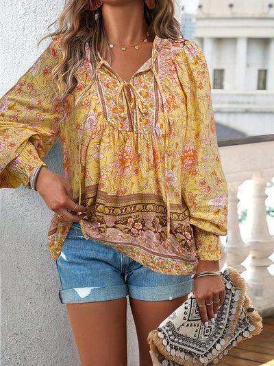 Bohemian Blouse - Floral Print Tie Neck - Fashions Envy