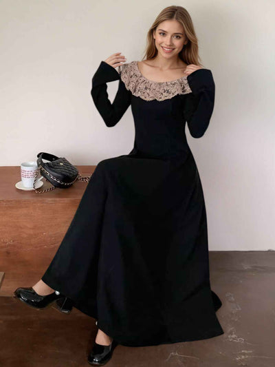 Black Maxi Dress - Lace Collar Long Sleeve Gown
