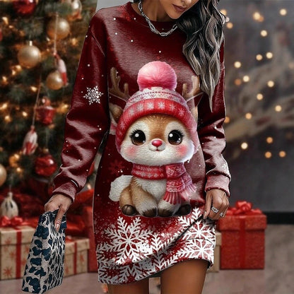 Festive Charm Dress - Christmas Print Long Sleeve