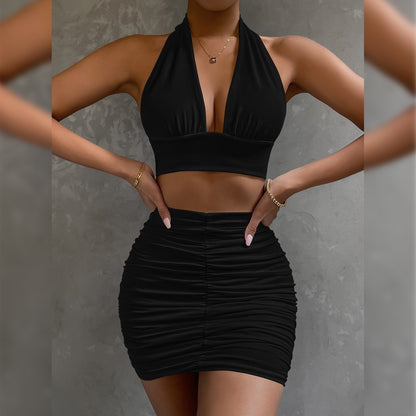 Halter Top & Pleated Skirt Set - Lace-Up Hip Covering Outfit