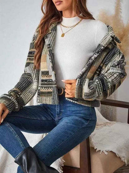 Patchwork Knit Cardigan - Cropped Button-Up Jacket - Fashions Envy