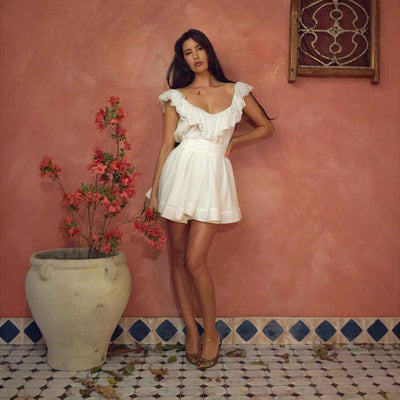 Loose Fitting V-Neck Mini Dress - Ruffled Waist-tie
