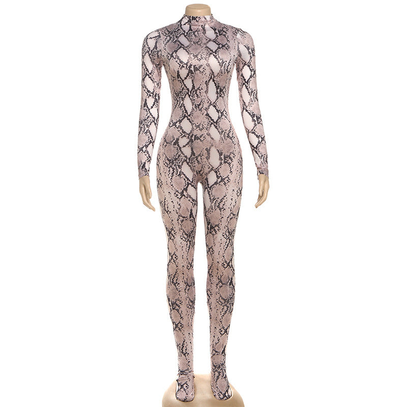 Print Jumpsuit - High-Neck Long Sleeve Slim Fit