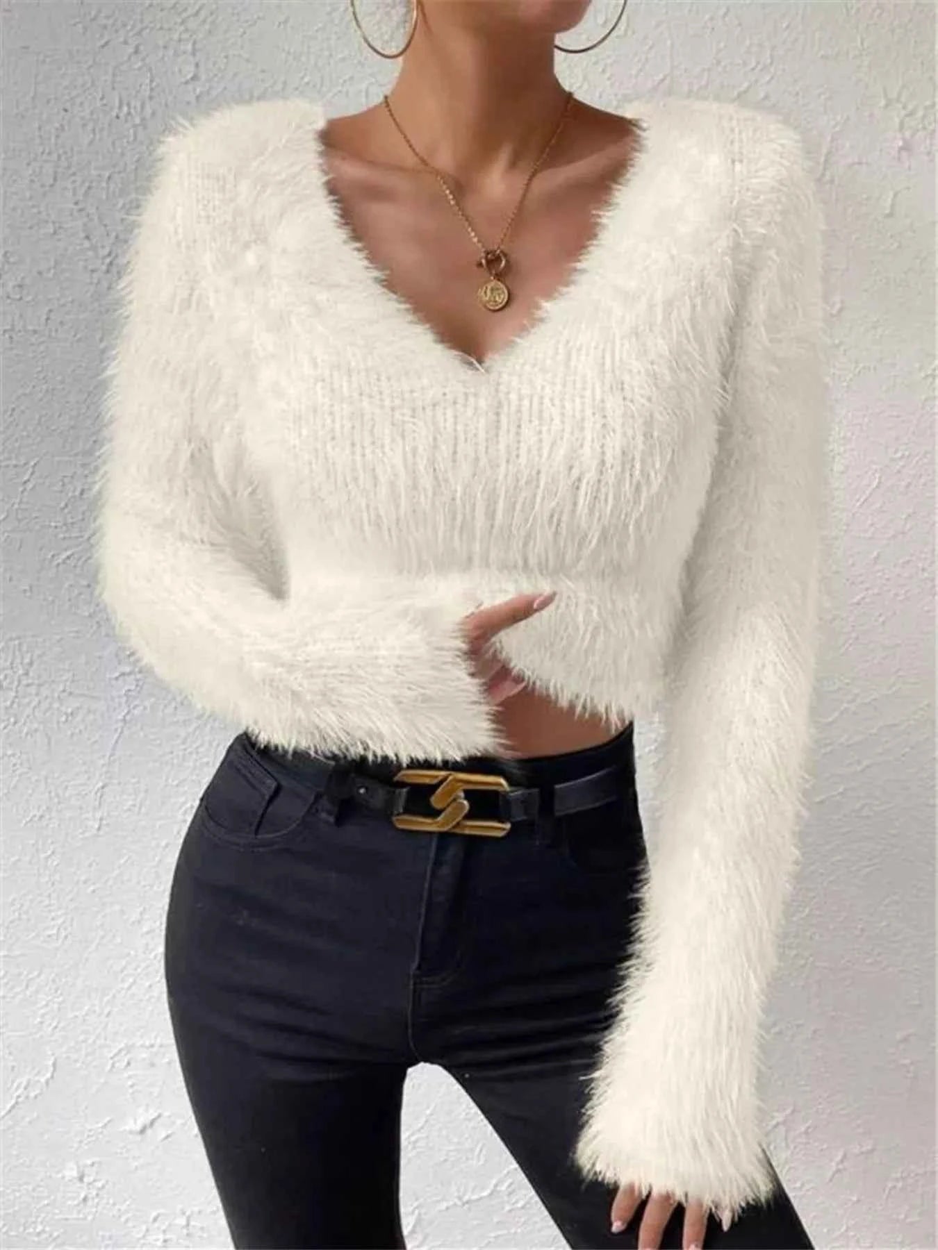 Fluffy Knit Sweater - Soft Warm V-Neck Top