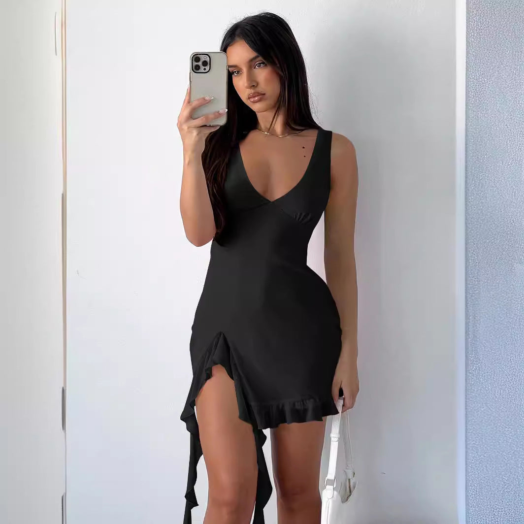 Pure Color Hot Girl Style Slit Mini Dress