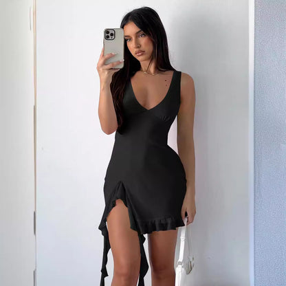 Pure Color Hot Girl Style Slit Mini Dress