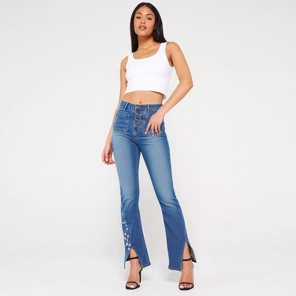 High-Waist Star Patch Slit Leg Jeans - Y2K Retro Denim