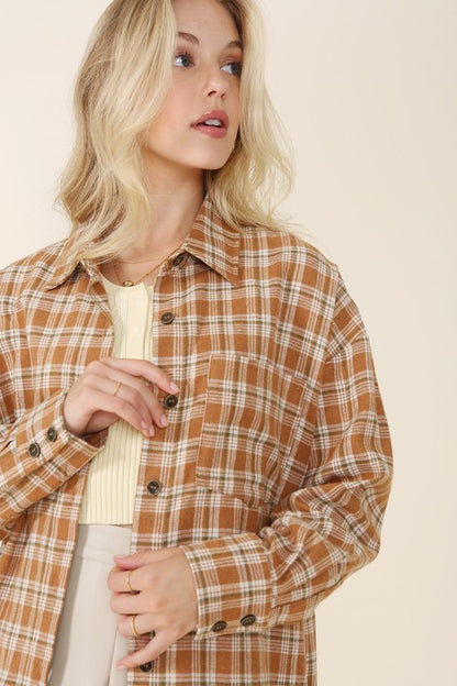 Autumn Beige Drop Shoulder Plaid Button Down Shirt