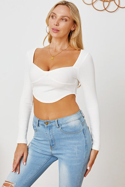 Ribbed Long Sleeve Sweetheart Neck T-Shirt