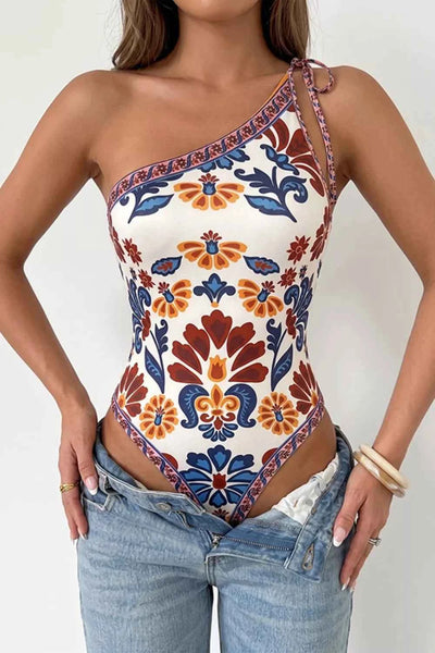 Floral Print One-Shoulder Tie Bodysuit