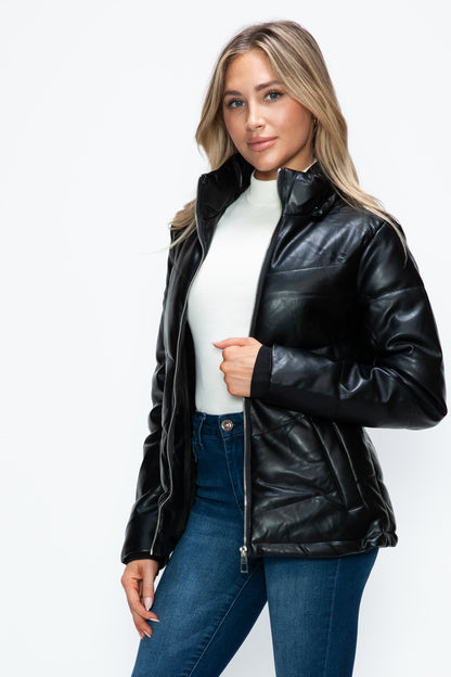 Black Pocketed Zip Up Puffer Jacket with Removable Hood