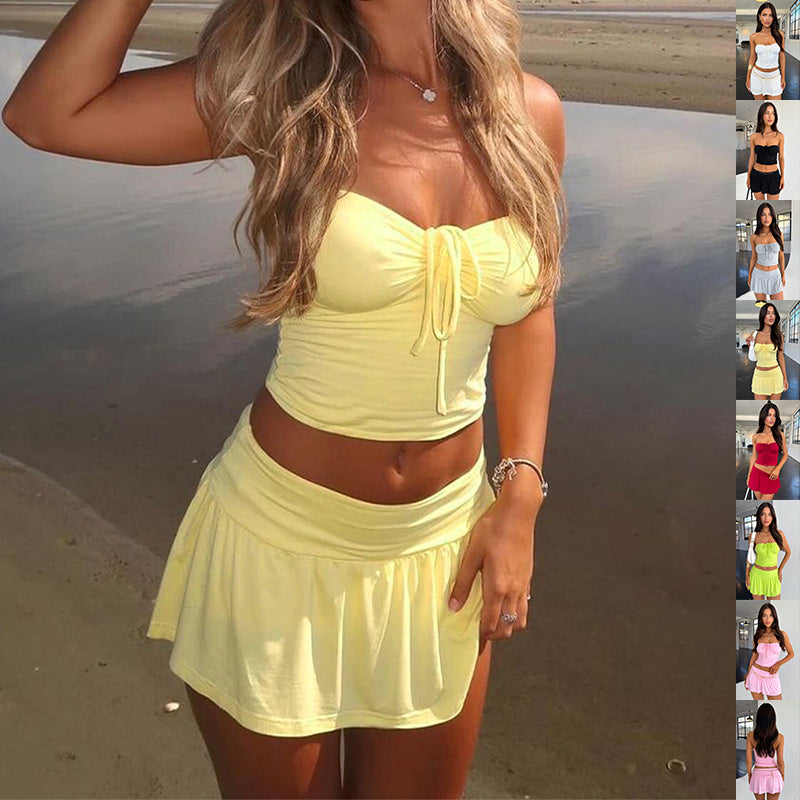 Sleeveless Y2K Hot Girl Cropped Tube Top & Pleating Skirt Set