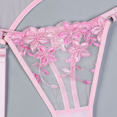 Embroidered Corset Garter Set - 3PC Lace-Up Lingerie