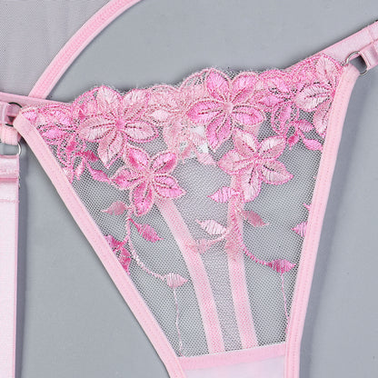 Embroidered Corset Garter Set - 3PC Lace-Up Lingerie