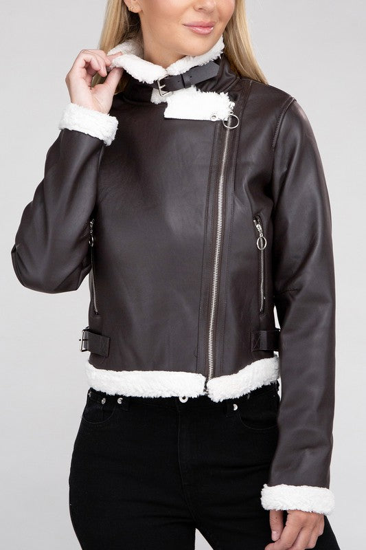 Cropped Plush Teddy Trimmed PU Leather Jacket