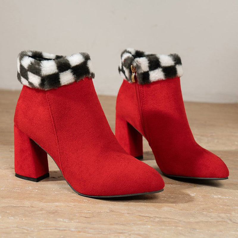 Plaid Ankle Boots - Furry Lined Square Heel Winter Boots