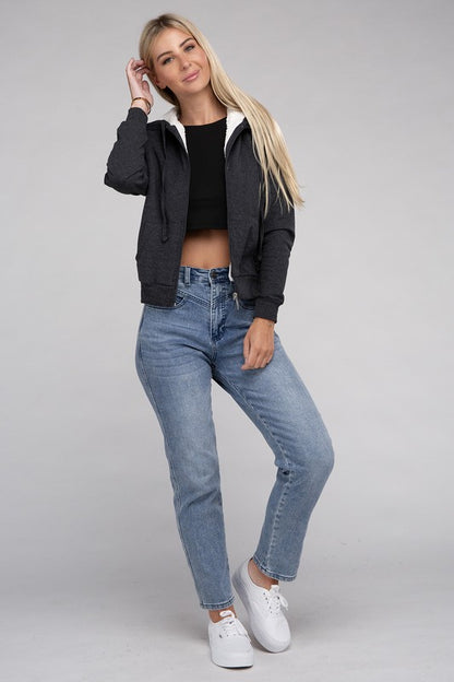 Fuzzy Trim Zip-Up Cropped Length Hoodie