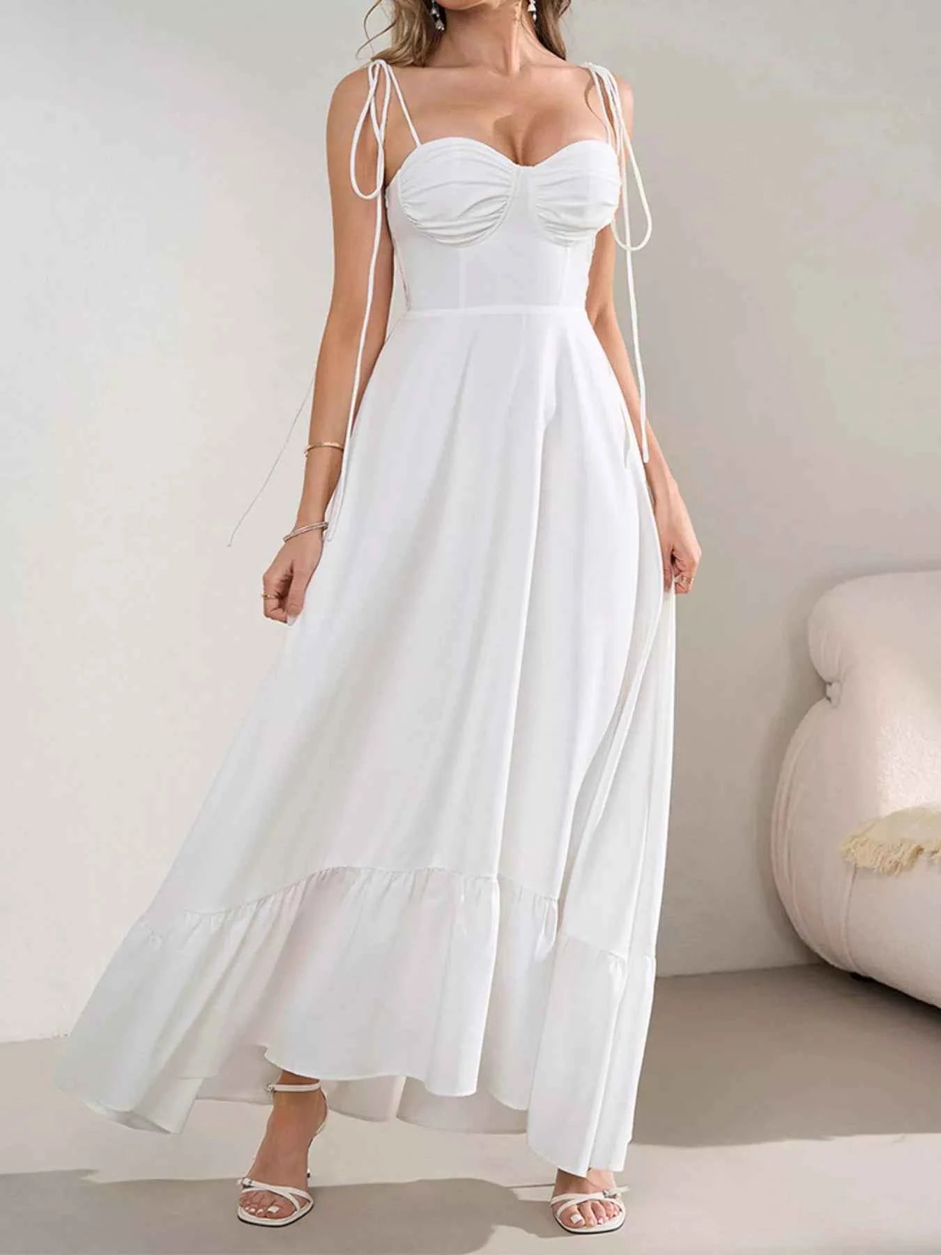Sweetheart Neck Tie-Strap Ruffle Hem Maxi Dress