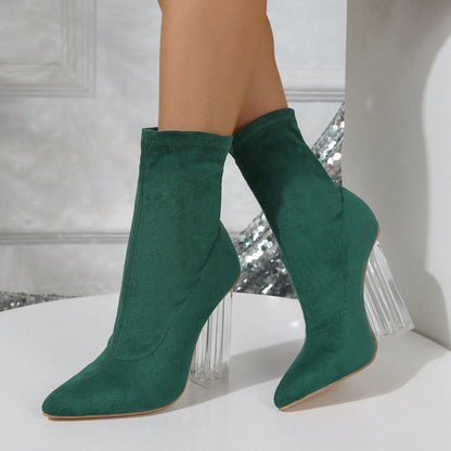 Crystal Heel Boots - Elastic Mid-Calf Party Style
