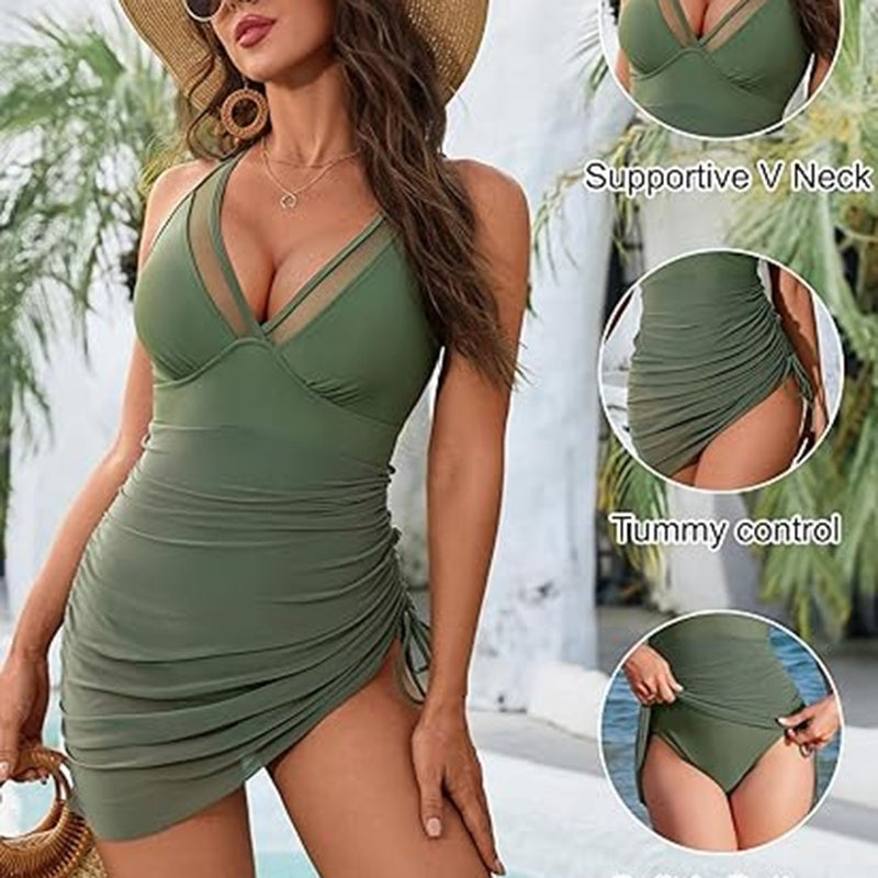 Women's One-Piece Swim Dress - Tummy Control Swimsuit with Mesh Sarong Wrap
