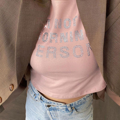 Trendsi pink Crop T-Shirt with rhinestone slogan, cropped fit worn under brown blazer with light wash jeans