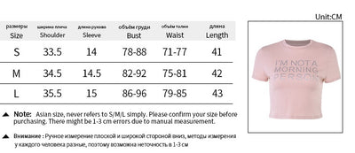 Trendsi pink Crop T-Shirt with slogan IM NOT A MORNING PERSON shown alongside size chart and measurements