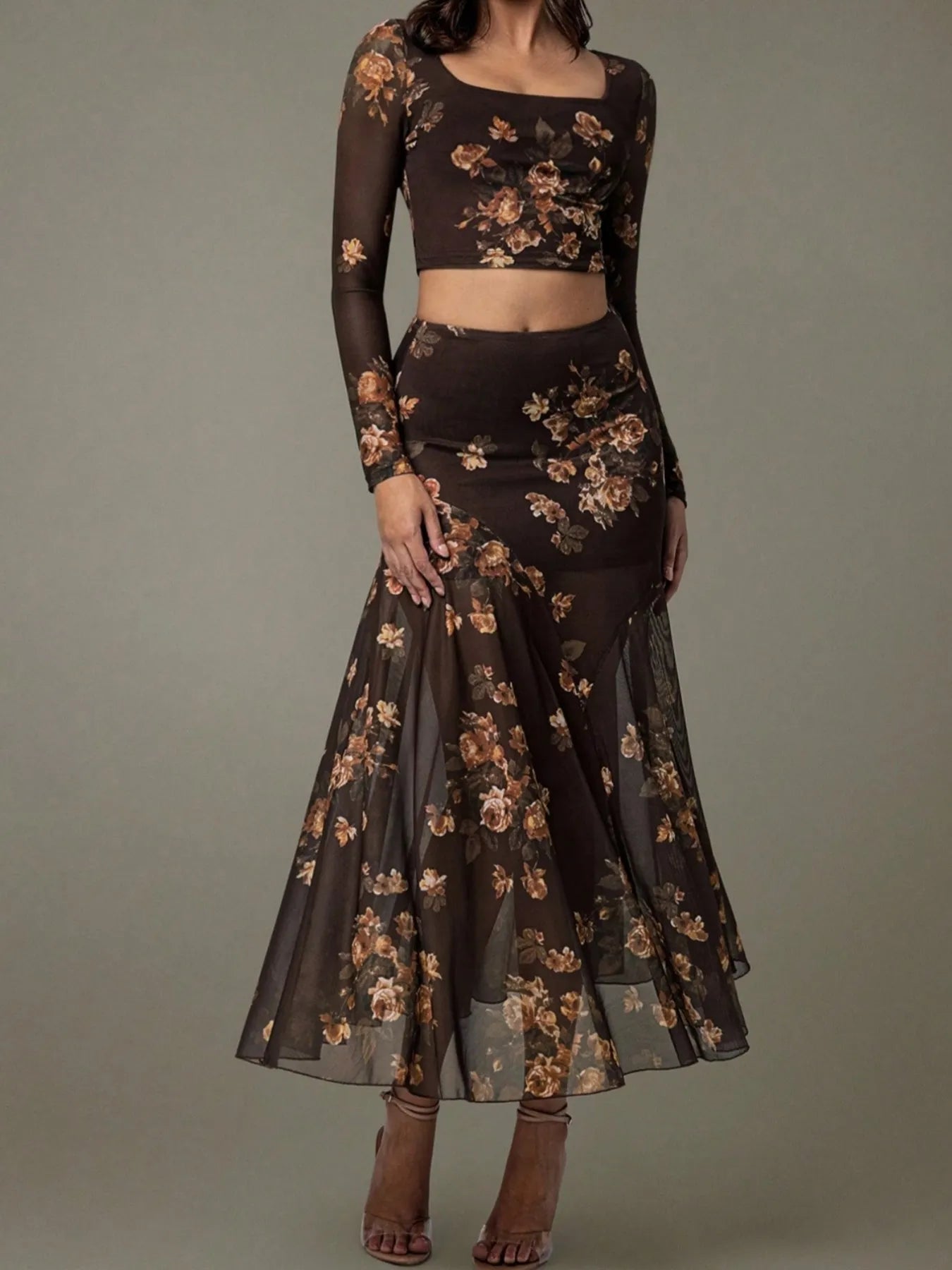 Trendsi Floral Skirt Matching Set with Long Sleeve Top and Flowing Skirt for a Stylish Look