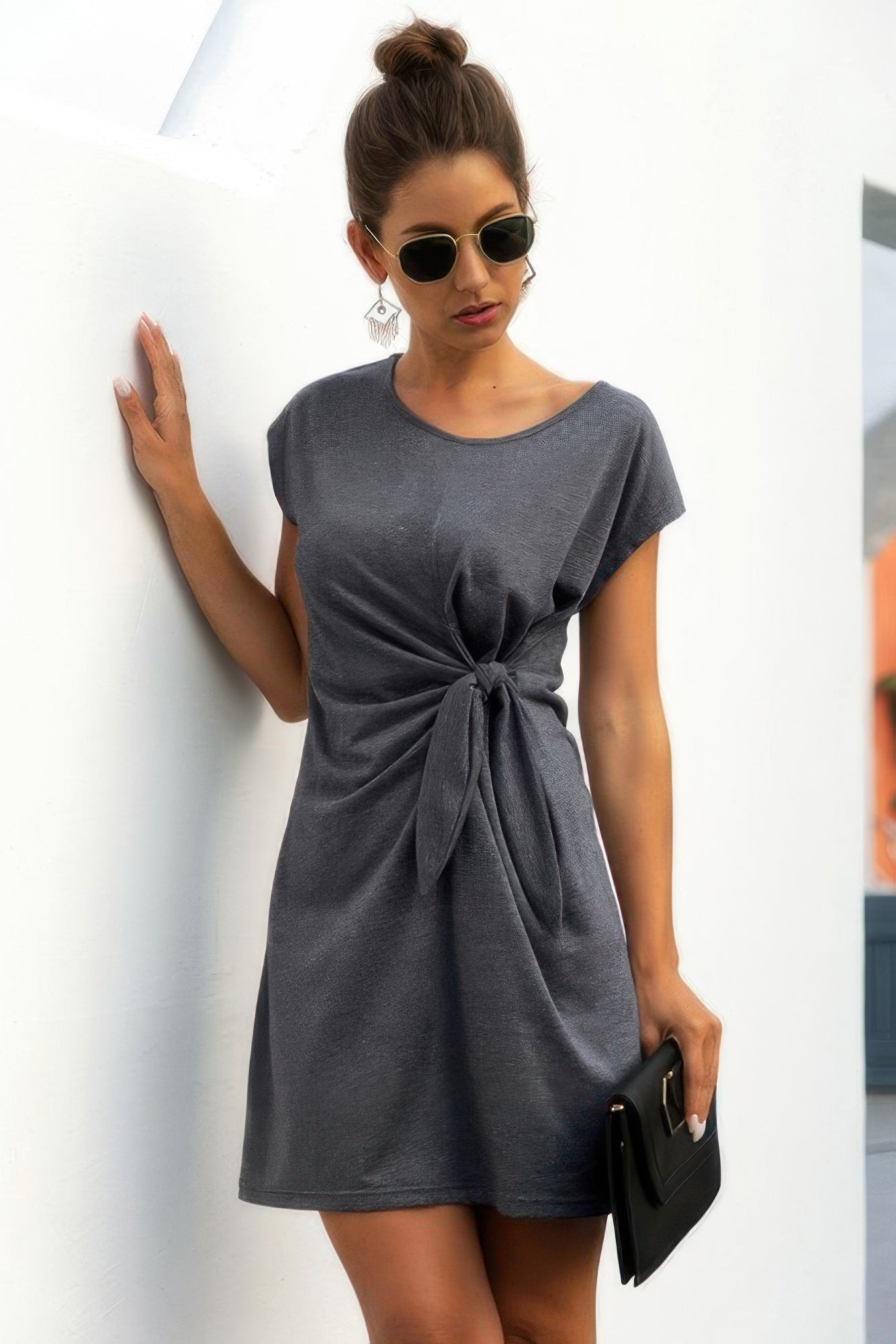CCWHOLESALECLOTHING charcoal short sleeve casual twist knot front dress with side tie detail styled with clutch