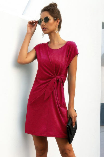 CCWHOLESALECLOTHING twist knot front dress fuchsia casual short sleeve side tie above knee