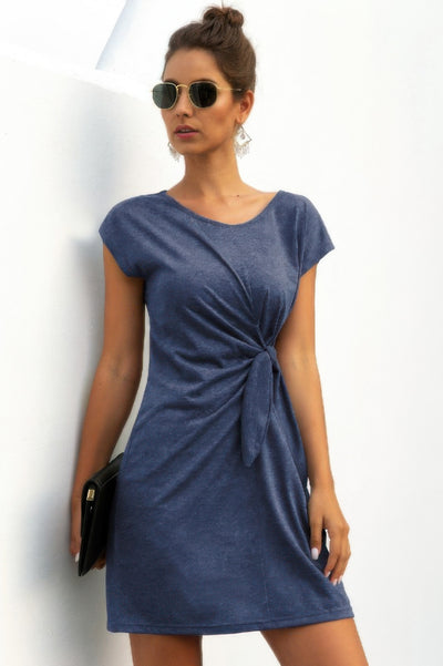 CCWHOLESALECLOTHING twist knot front dress in heather blue with cap sleeves side tie for casual wear