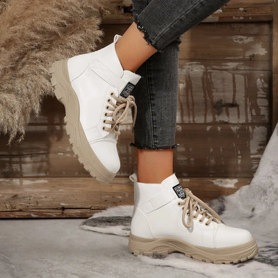 Trendsi women's lace up platform boots white leather look with beige chunky sole and beige laces styled with frayed jeans