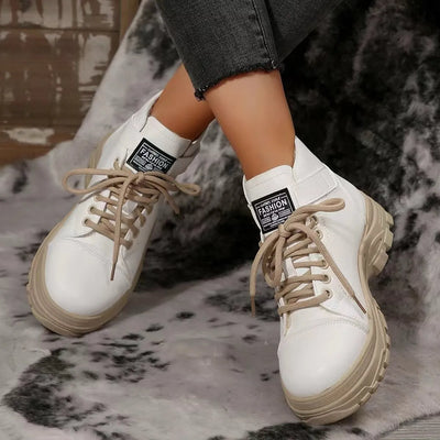 Trendsi white ankle women's lace up platform boots with chunky beige sole and tan laces for casual wear