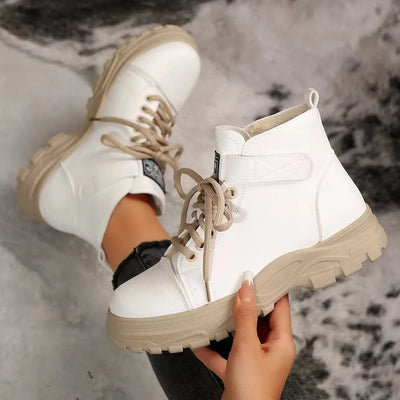 Trendsi women's lace up platform boots white ankle boot with tan chunky lug sole and beige laces