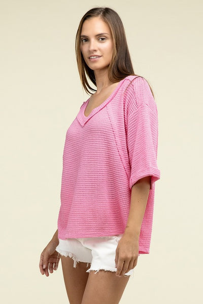 Brushed Waffle Exposed-Seam 3/4 Sleeve Top - Fashions Envy