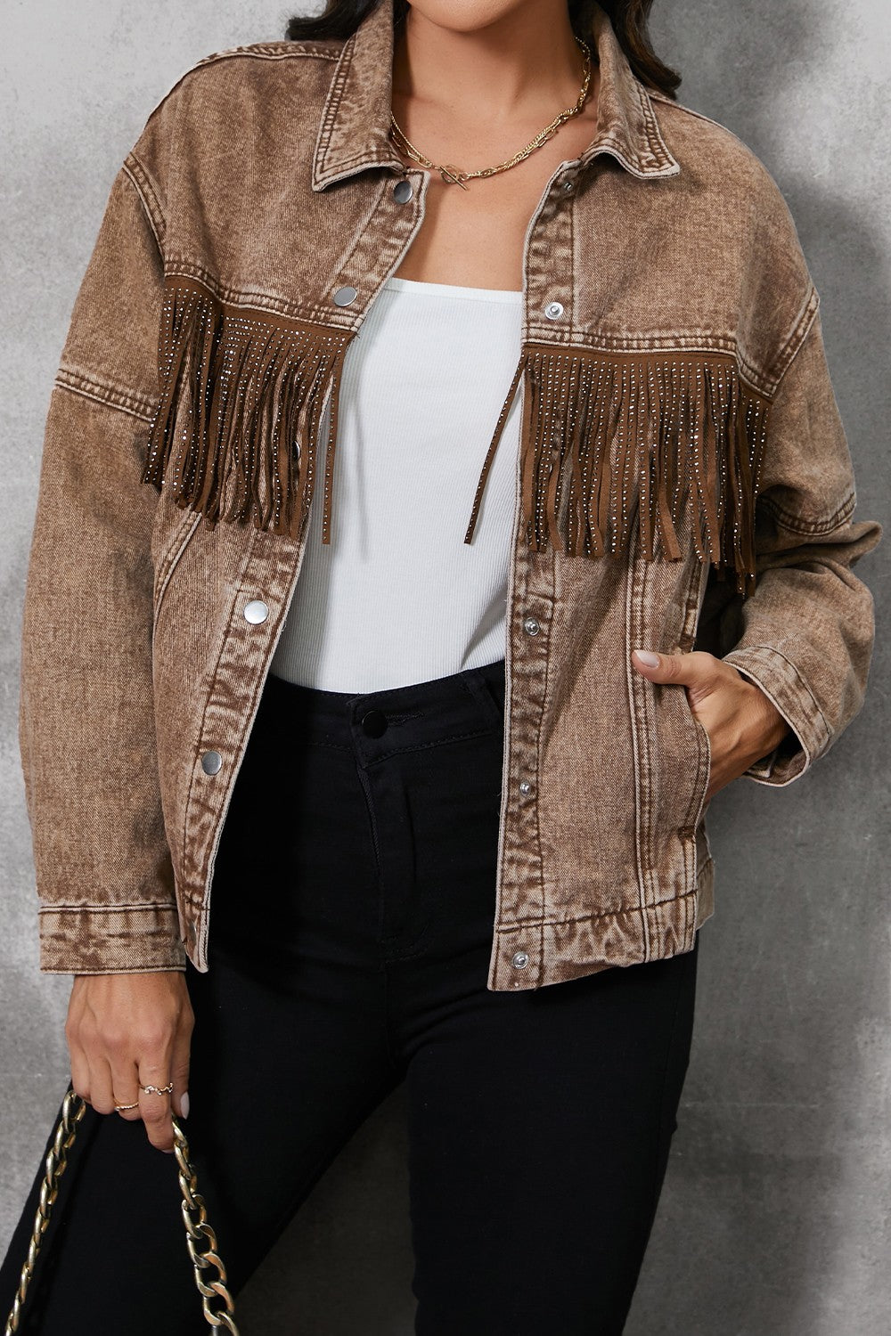 Fringe Trim Snap Down Denim Jacket - Fashions Envy