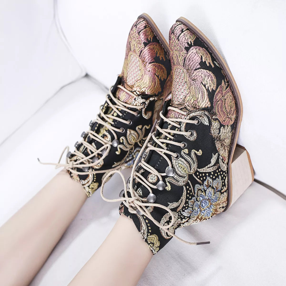 Embroidered Floral Lace-Up Ankle Boots - Fashions Envy