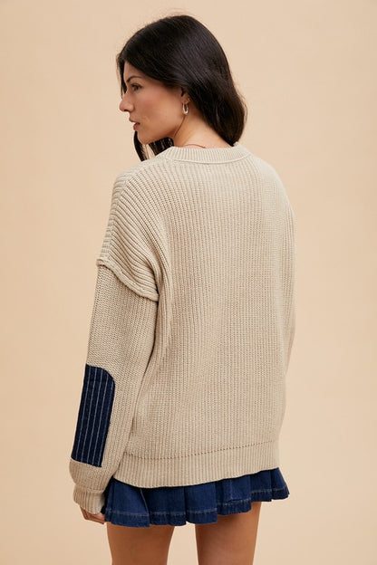 Khaki Contrast Round Neck Drop Shoulder Sweater with Patch Pocket