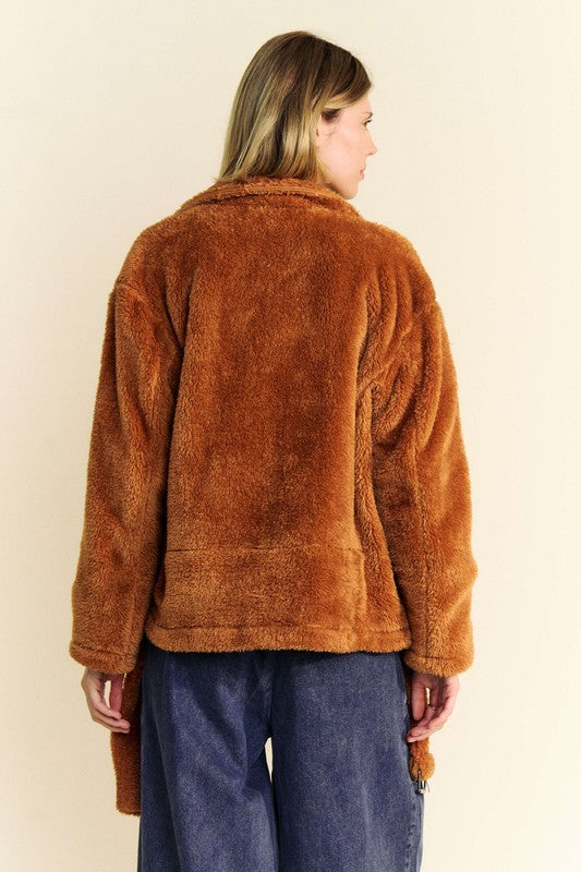 Brown Fuzzy Zip Up Collared Neck Jacket