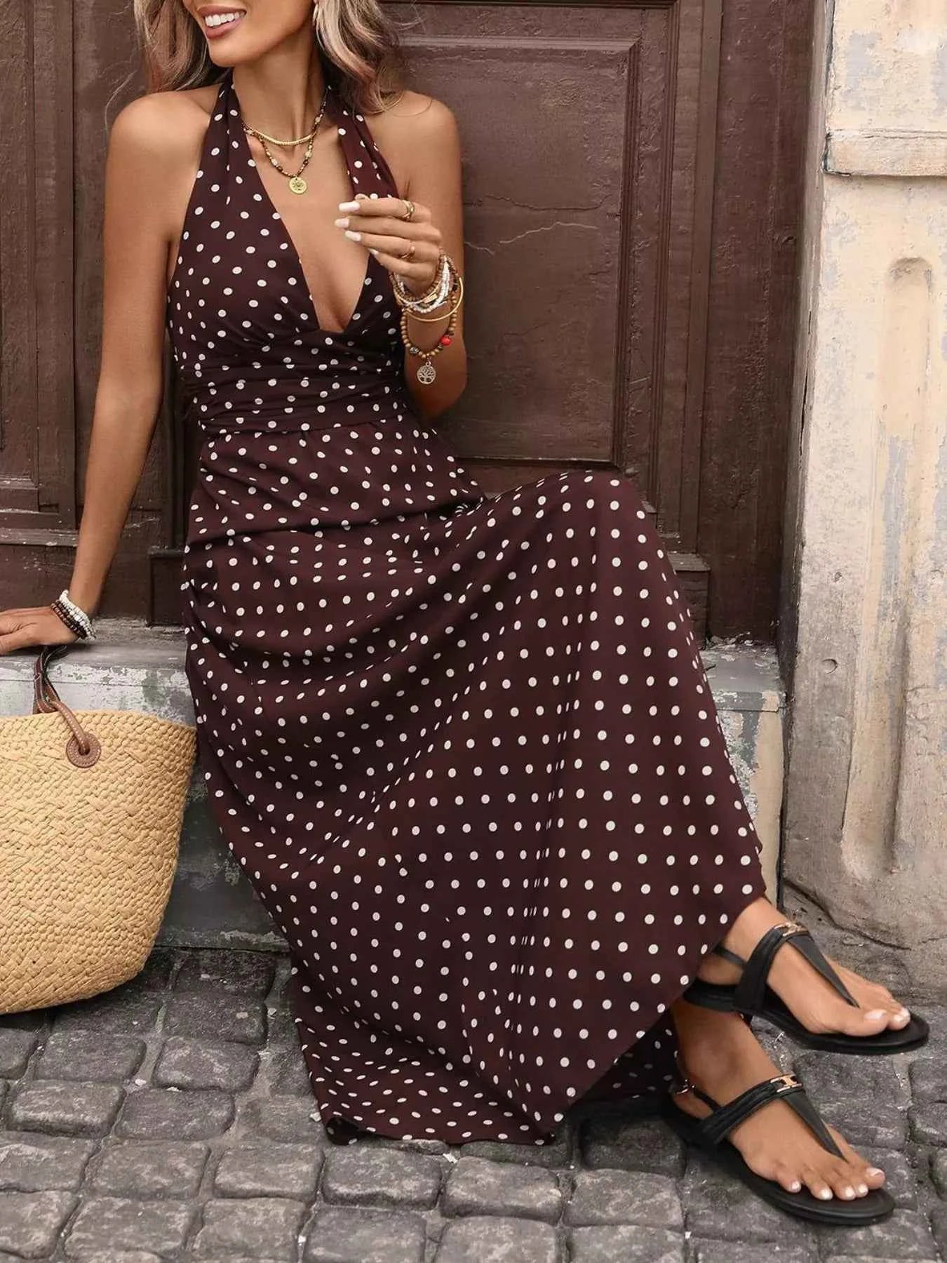Polka Dot Halter Maxi Dress - Tie Neck Brown Print