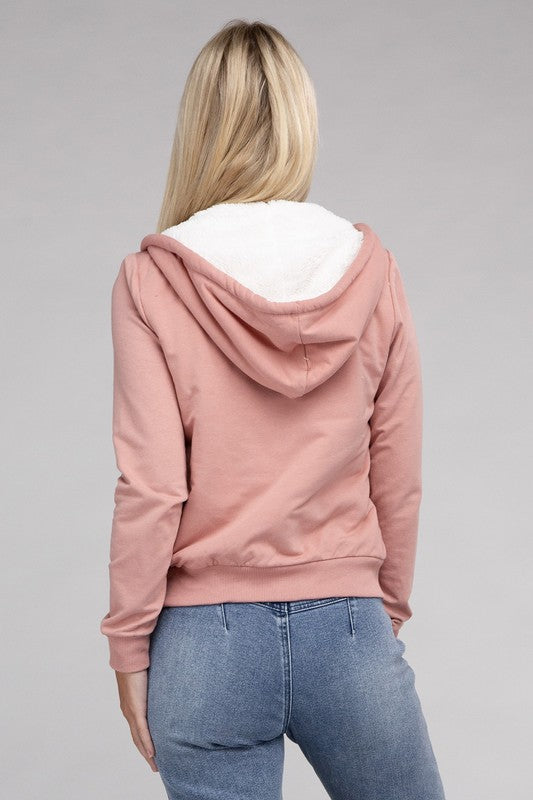 Fuzzy Trim Zip-Up Cropped Length Hoodie