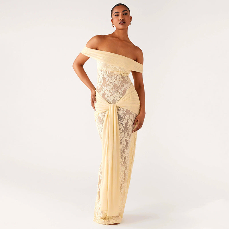 Sheer Mesh and Lace Maxi Dress - Sleeveless Off-Shoulder