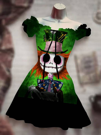 Skull Print Drawstring Dress - 3D Halloween Outfit