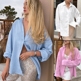 Open Front Cardigan Blouse - Loose Fit Long Sleeve