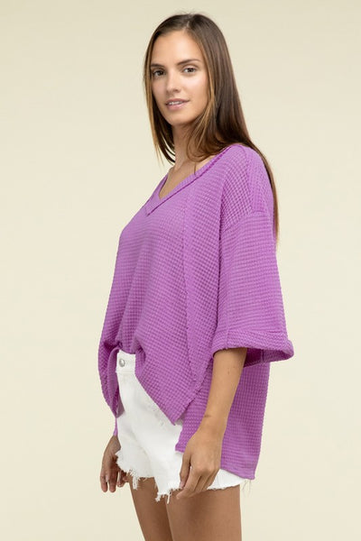 Brushed Waffle Exposed-Seam 3/4 Sleeve Top - Fashions Envy